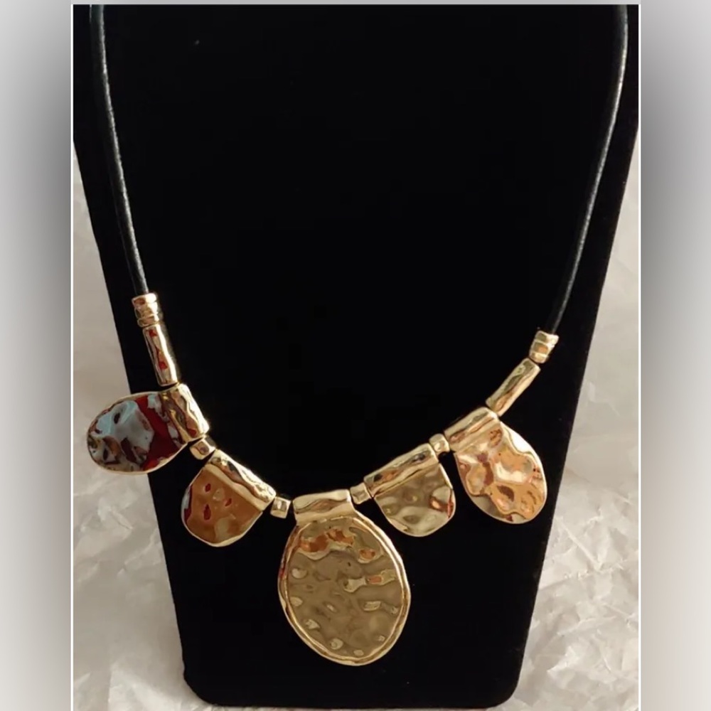 Modern Metals Statement Necklace in Goldtone with Black cord w/ 3" extender NEW